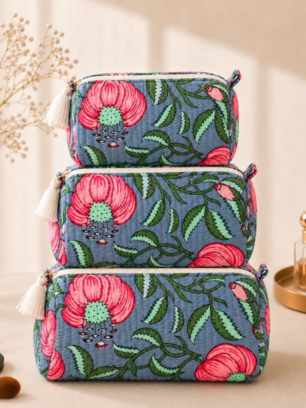 Set of 3 Dusty Blue Pink Floral Block Print Cosmetic Bag Quilted Toiletry Bag